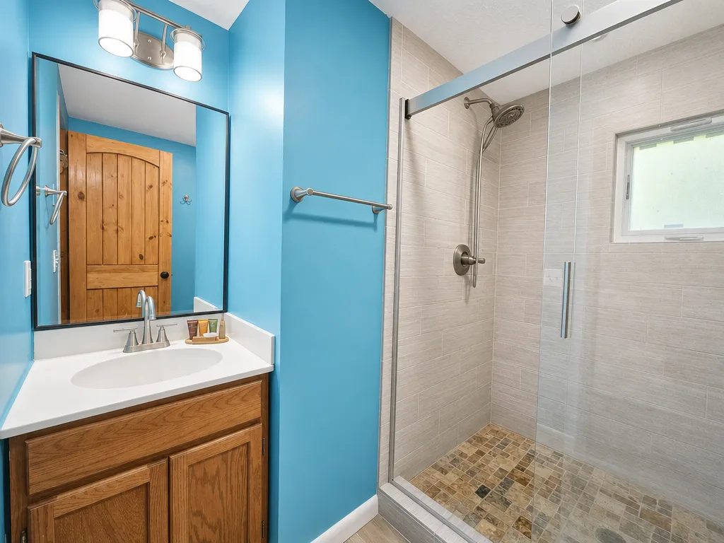 Downstairs bath with a tiled walk-in shower