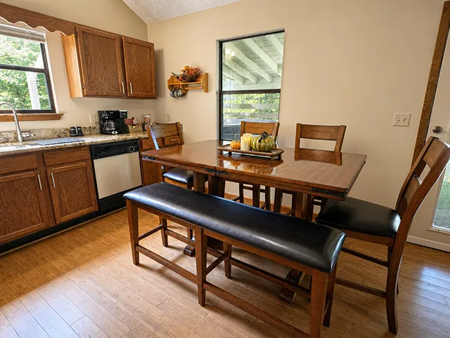 Counter-height dining table with bench seating for six